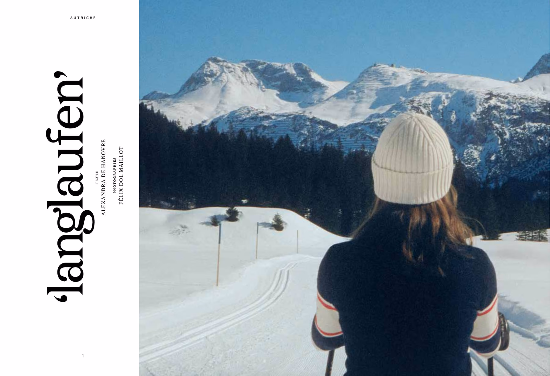 The full printed spread: the title page on the left, and on the right a full-bleed photograph of a skier facing the mountains.