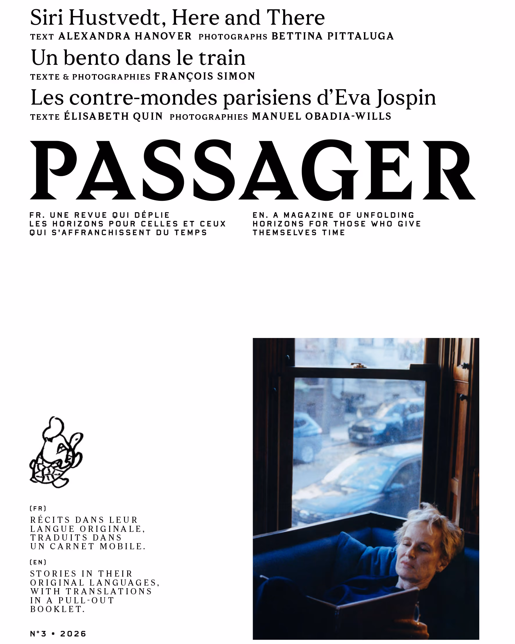 Cover of Passager issue 3, 2026. A person reclining on a blue sofa beside a window, reading, with a street and parked cars visible through the glass.