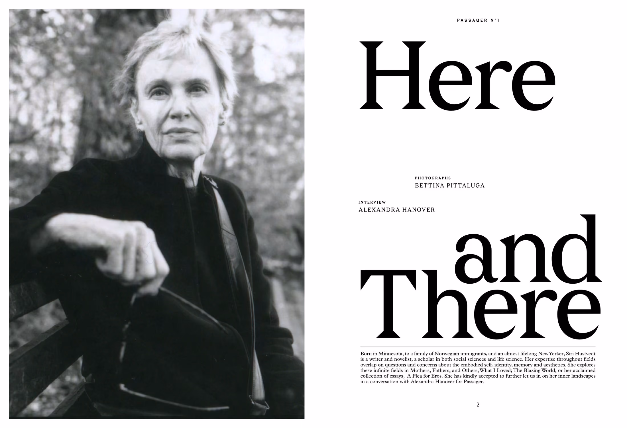 The full printed spread: a black-and-white portrait of Siri Hustvedt seated on a bench outdoors on the left, and the title page on the right.